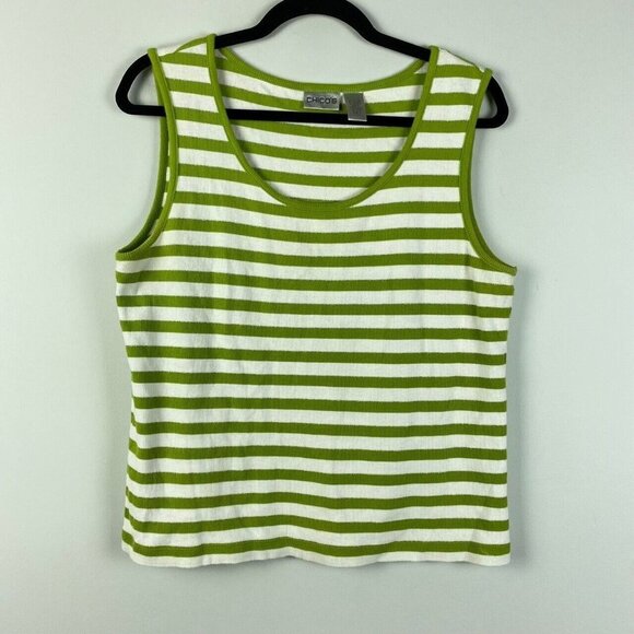Chico's Tops - Chicos Tank Top Womens 2 US Large Green White Silver Metallic Stripe Scoop Neck